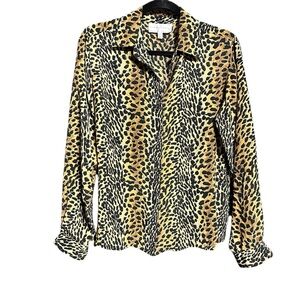 100% Silk Leopard Print Button-Up Blouse